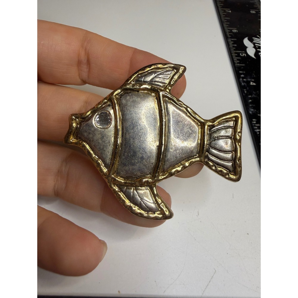 Nolan Miller Two Tone Fish Brooch Pendant Rhinestone Eye Nautical Pin N289